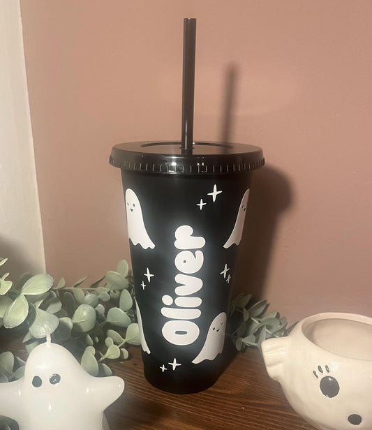Halloween Cold Cup Cute | Ghost Starbucks Tumbler | Personalised Spooky Name Cup with lid & Straw | Black Halloween Tumbler Birthday Gift