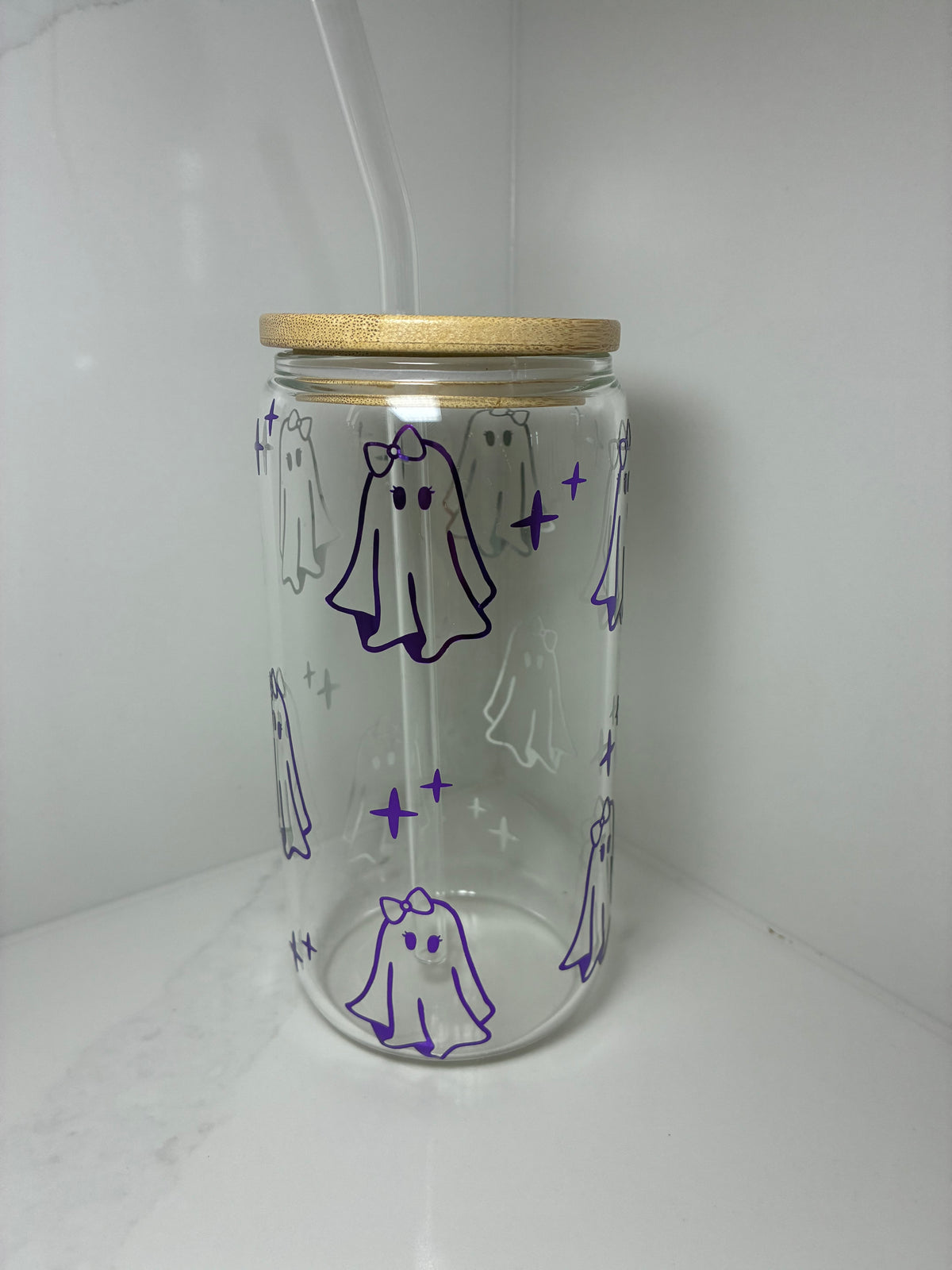 Cute Ghost with Bow Glass Cup | Sweet, Girly Ghost Boo Basket Gift Tumbler