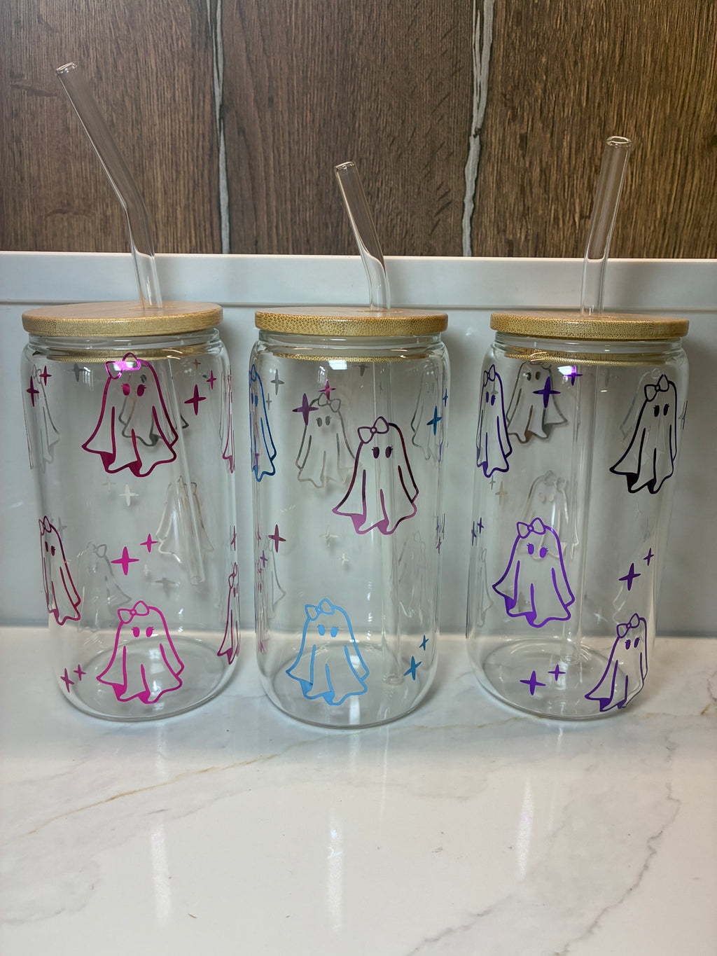 Cute Ghost with Bow Glass Cup | Sweet, Girly Ghost Boo Basket Gift Tumbler