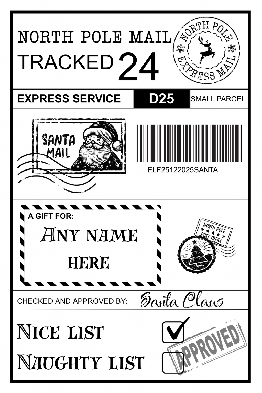 Personalised North Pole Christmas Postage Label, Santa Approved Delivery Sticker, Special Delivery Gift, Christmas Eve Box Kids