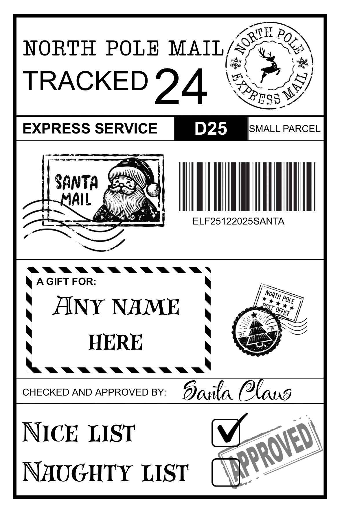 Personalised North Pole Christmas Postage Label, Santa Approved Delivery Sticker, Special Delivery Gift, Christmas Eve Box Kids