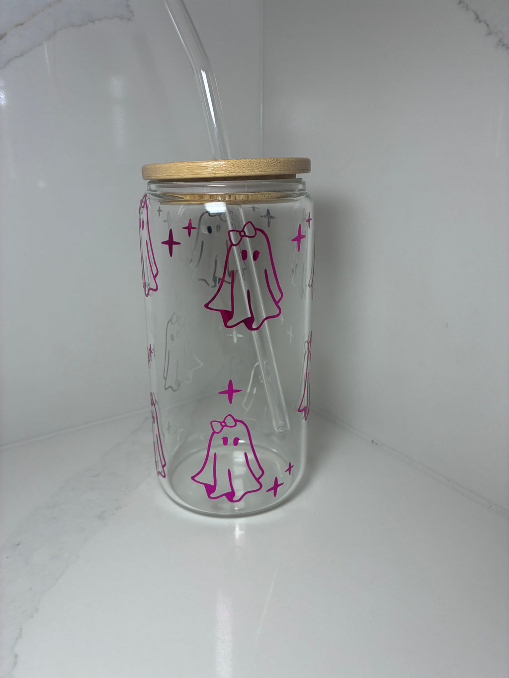 Cute Ghost with Bow Glass Cup | Sweet, Girly Ghost Boo Basket Gift Tumbler