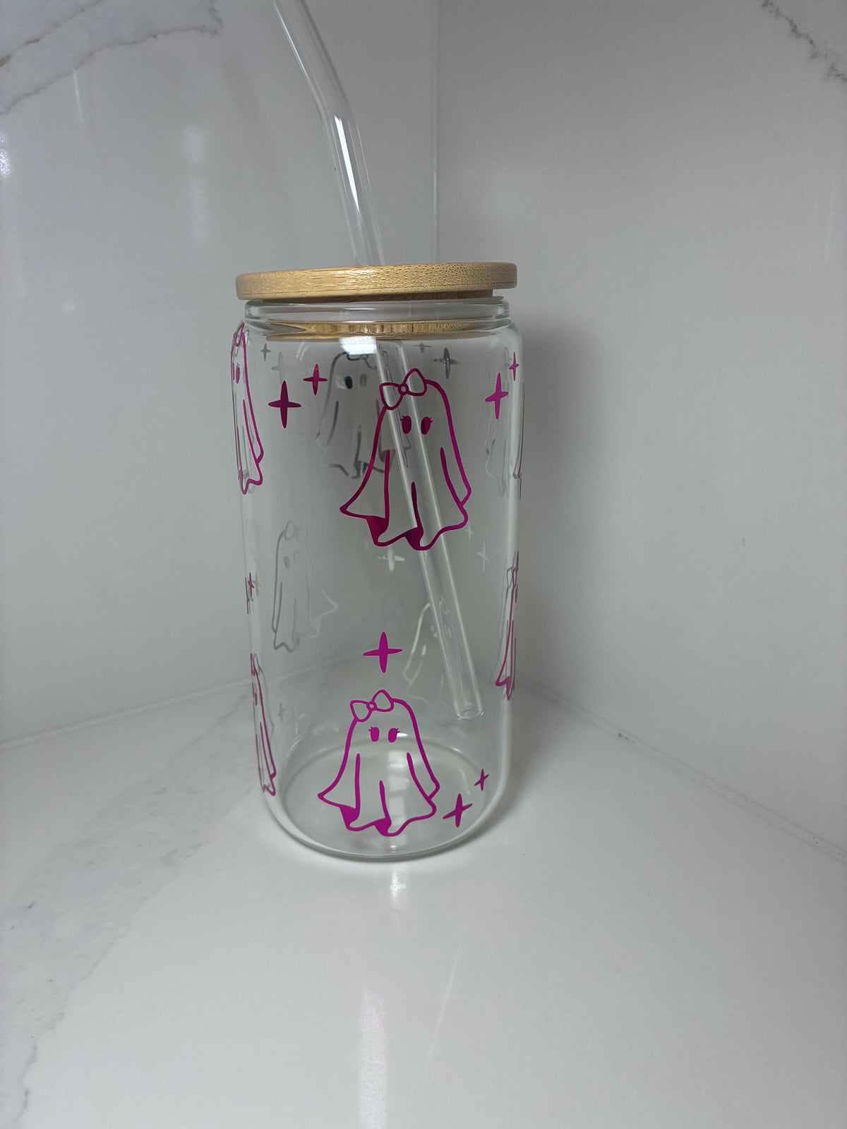 Cute Ghost with Bow Glass Cup | Sweet, Girly Ghost Boo Basket Gift Tumbler