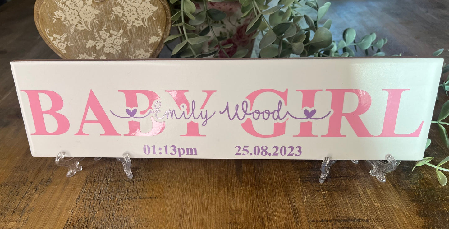 Personalised New Baby Gift I Newborn Announcement Plaque/Tile  |  New Baby Sign  | Bedroom Sign | Handmade Nursery Wall Decor
