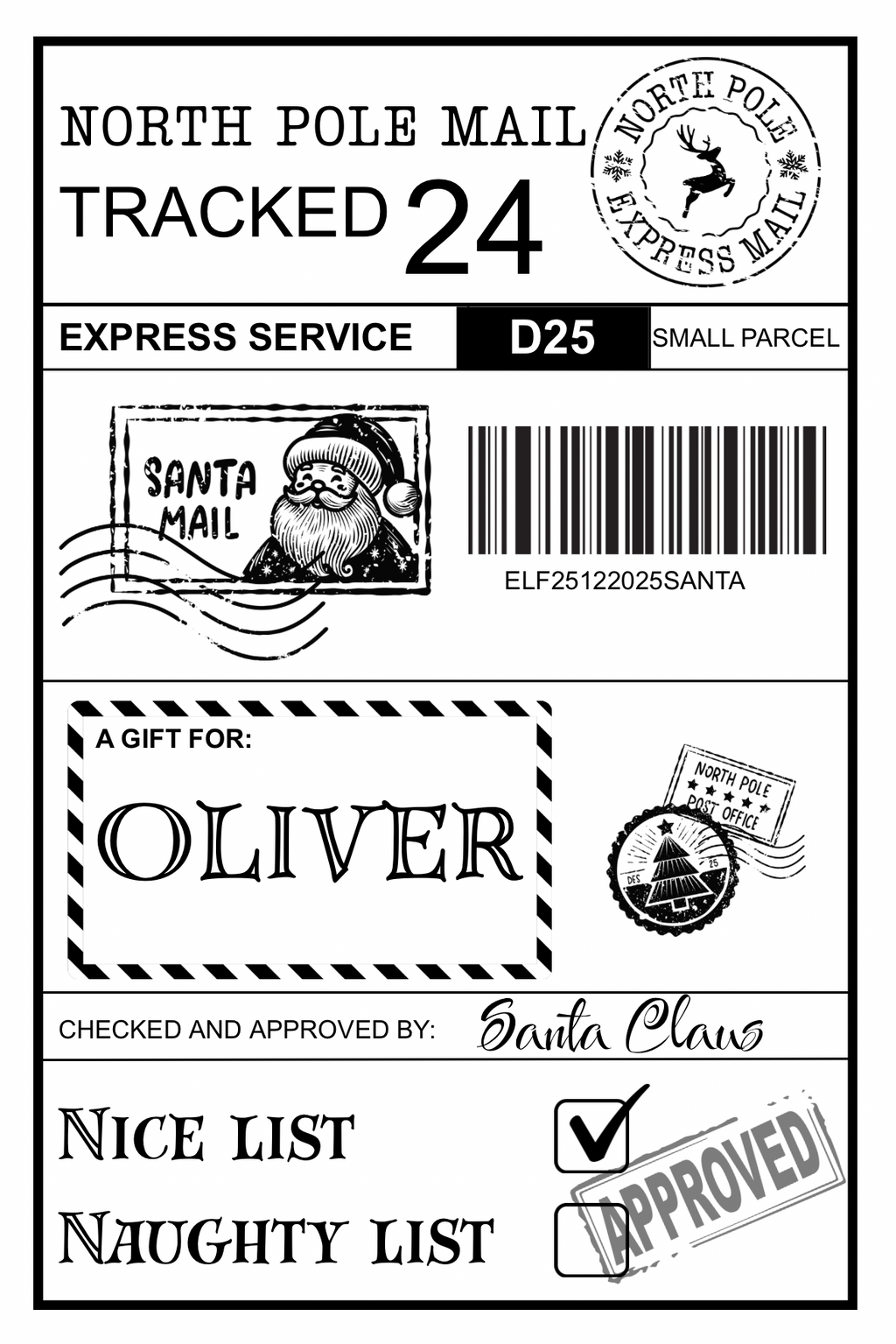 Personalised North Pole Christmas Postage Label, Santa Approved Delivery Sticker, Special Delivery Gift, Christmas Eve Box Kids