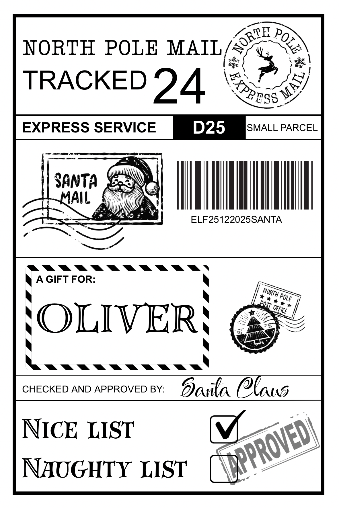 Personalised North Pole Christmas Postage Label, Santa Approved Delivery Sticker, Special Delivery Gift, Christmas Eve Box Kids