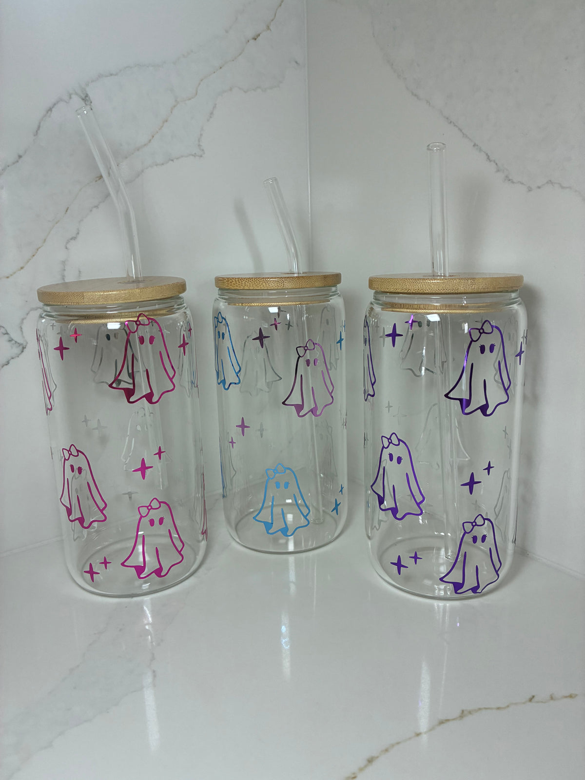 Cute Ghost with Bow Glass Cup | Sweet, Girly Ghost Boo Basket Gift Tumbler