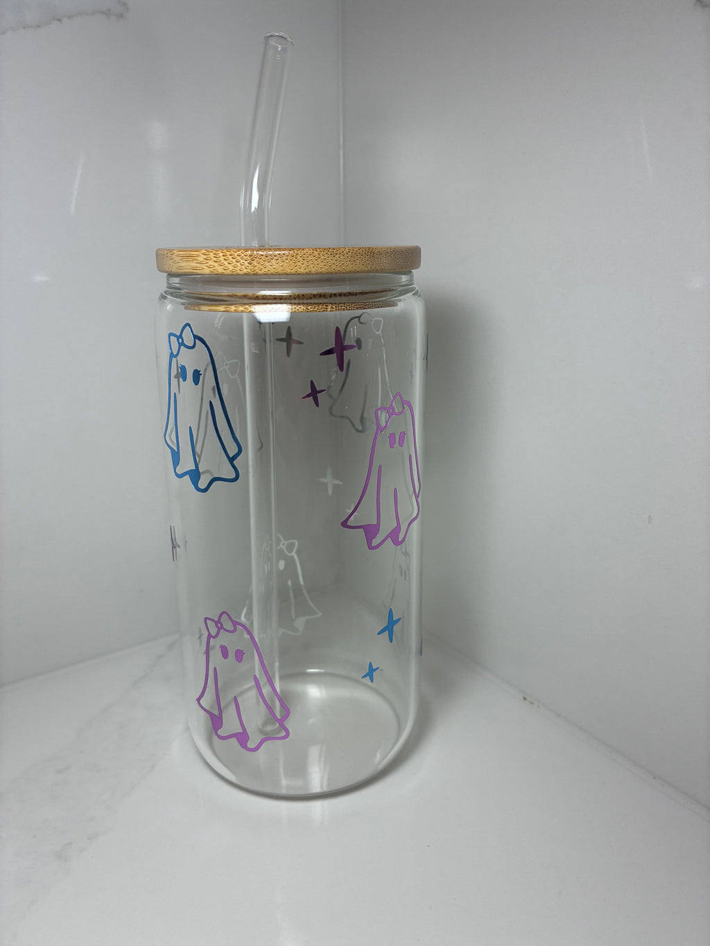 Cute Ghost with Bow Glass Cup | Sweet, Girly Ghost Boo Basket Gift Tumbler