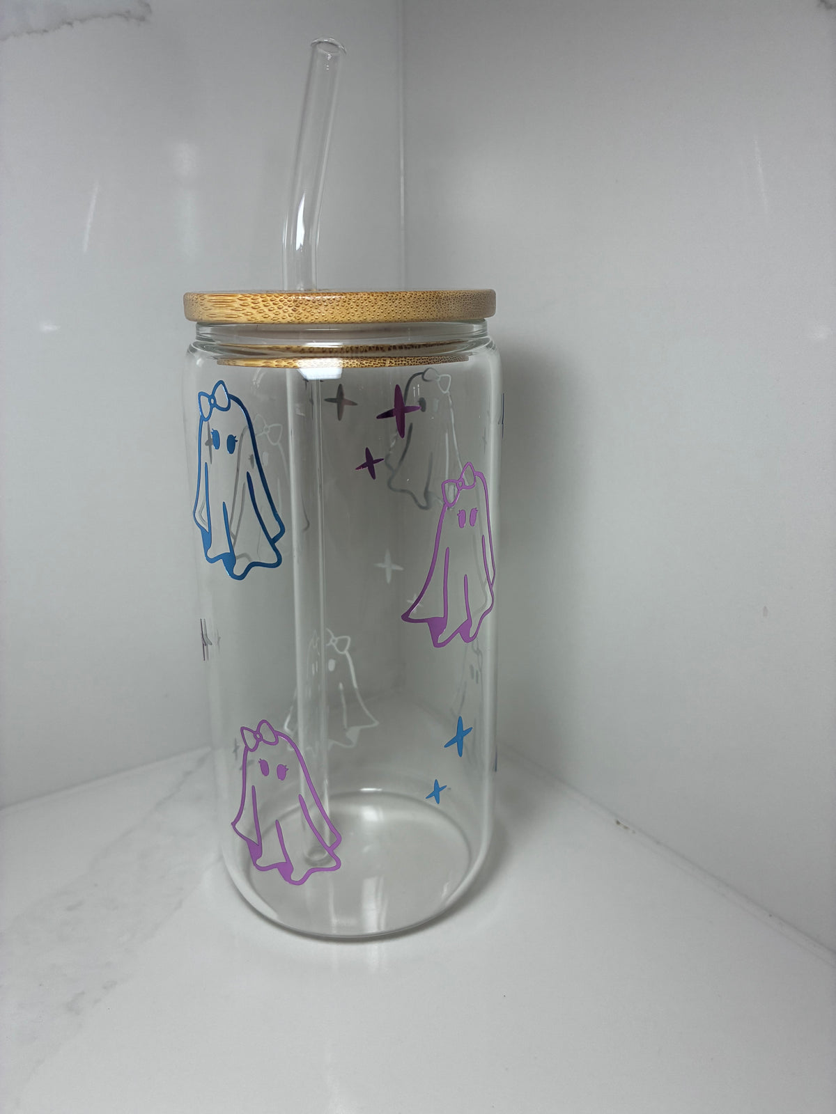 Cute Ghost with Bow Glass Cup | Sweet, Girly Ghost Boo Basket Gift Tumbler