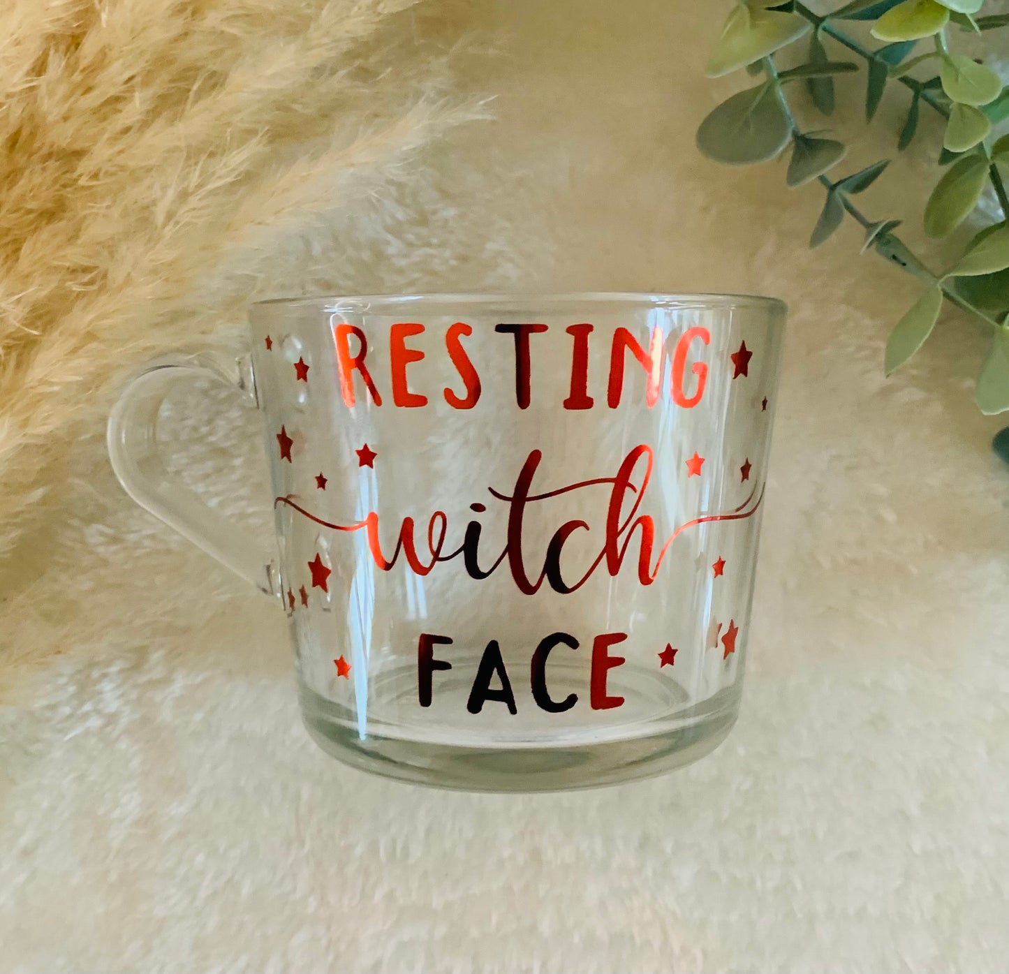 Resting Witch Face Glass Mug | Halloween Mug | Custom Foil Colours | Funny Witch Gift | Autumn Coffee Cup