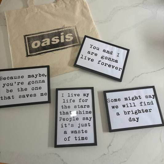 Oasis Fan Gift – A5 Lyric Quote Print with Frame – Oasis 2025 Vinyl Wall Art – Customisable with Gig Location & Date