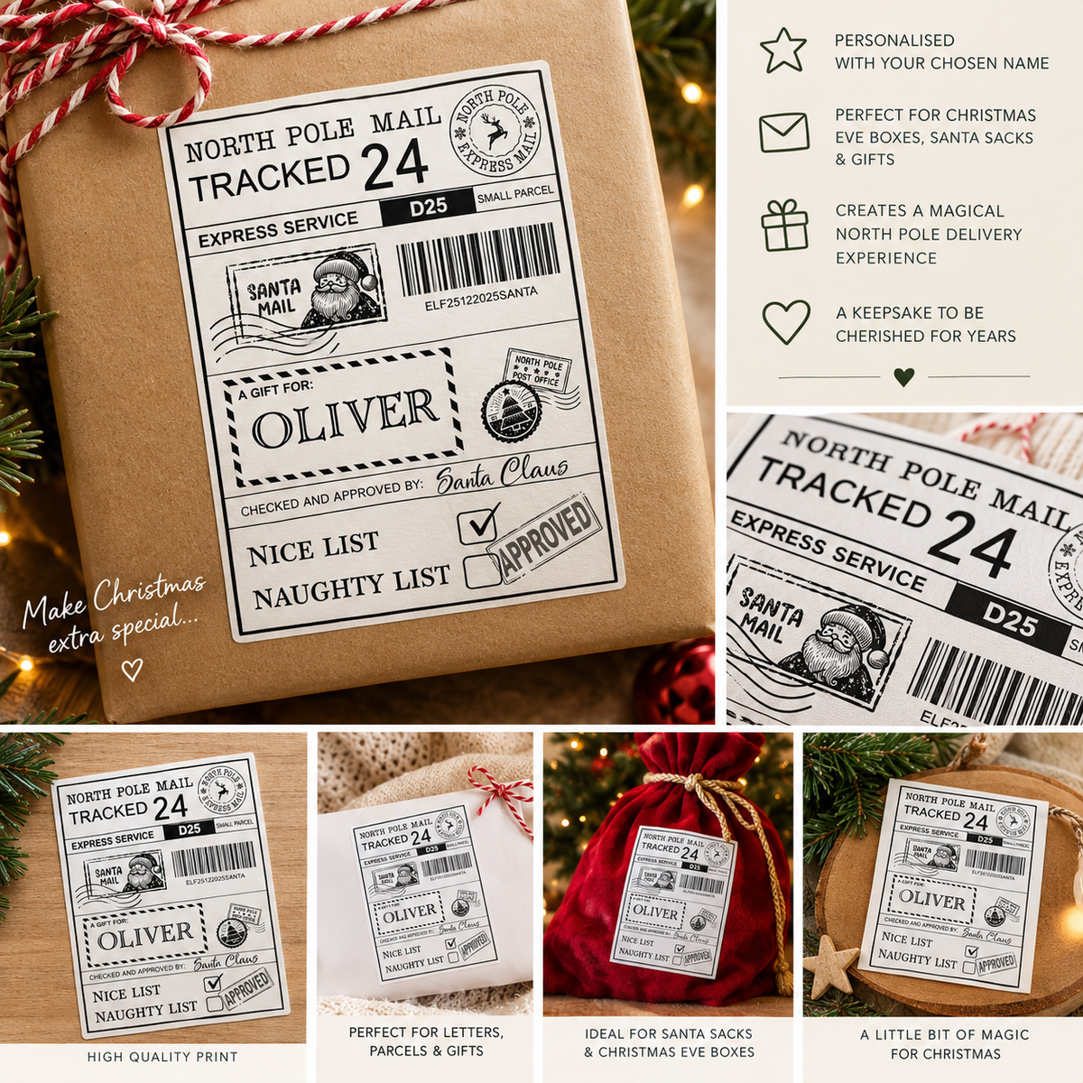 Personalised North Pole Christmas Postage Label, Santa Approved Delivery Sticker, Special Delivery Gift, Christmas Eve Box Kids