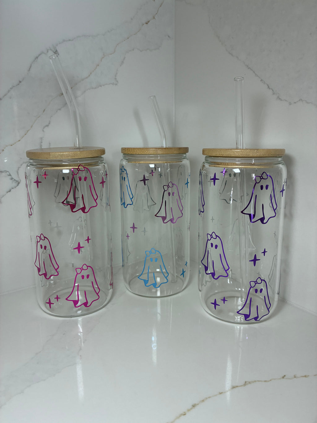 Cute Ghost with Bow Glass Cup | Sweet, Girly Ghost Boo Basket Gift Tumbler