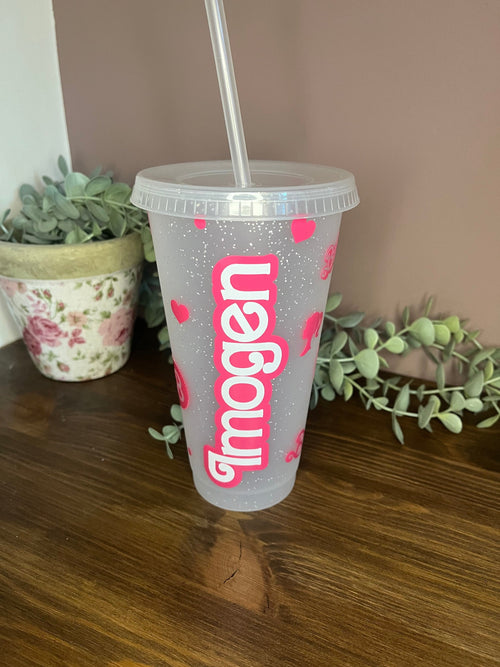 Barbie Cold Cup | Barbie Starbucks Tumbler |Personalised Name Barbie Cup with lid & Straw | Barbie Merch | Pink Barbie Tumbler Birthday Gift - The Crafty Bee