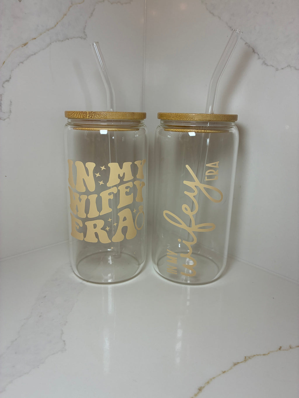 Bridal Glass Can with Bamboo lid & Straw: Bride, Fiancé or Wifey Glass Cup - The Crafty Bee