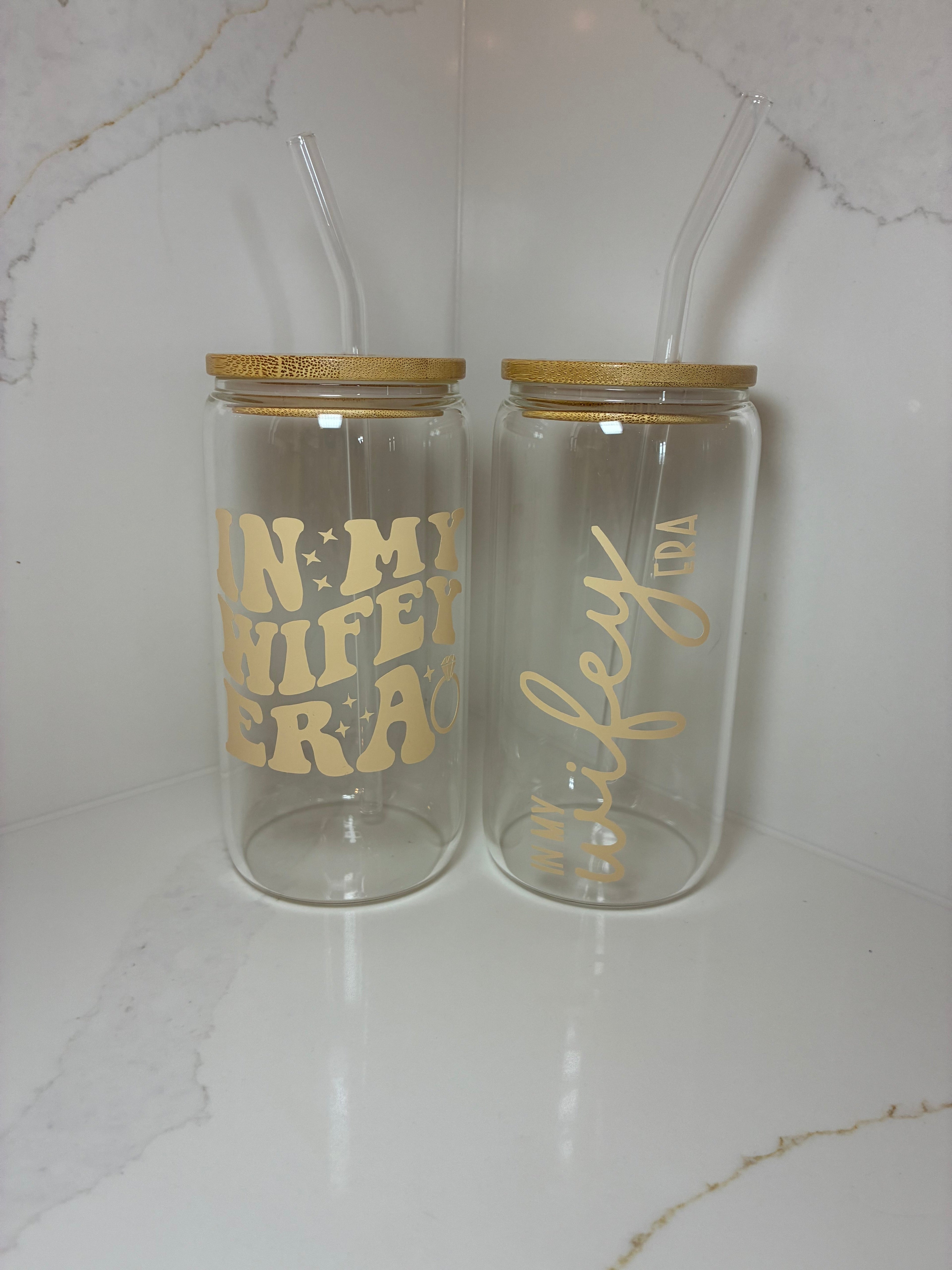 Bridal Glass Can with Bamboo lid & Straw: Bride, Fiancé or Wifey Glass Cup - The Crafty Bee
