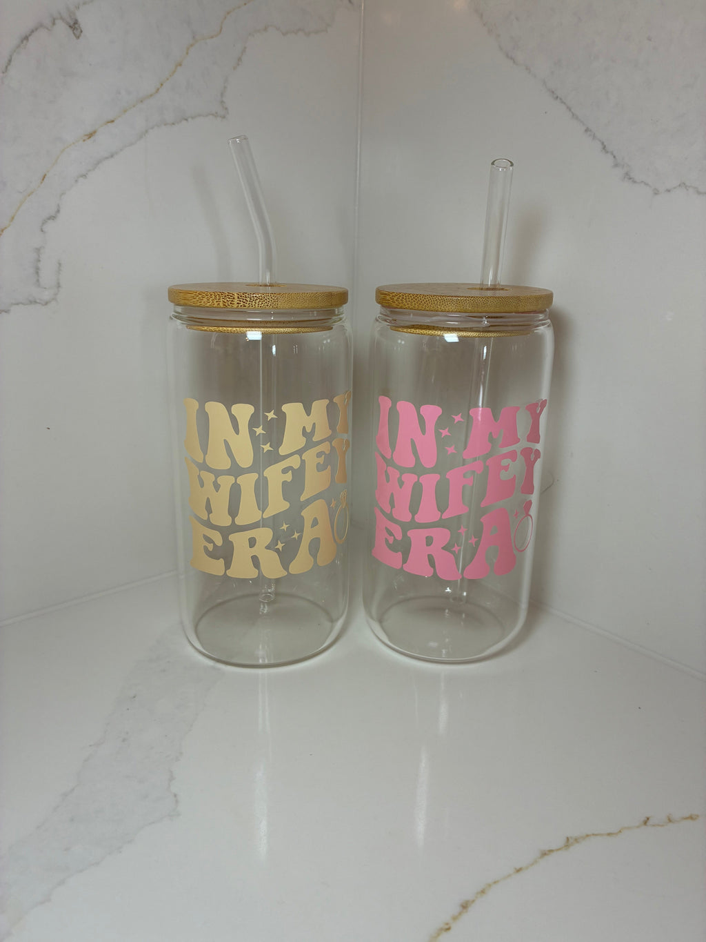 Bridal Glass Can with Bamboo lid & Straw: Bride, Fiancé or Wifey Glass Cup - The Crafty Bee