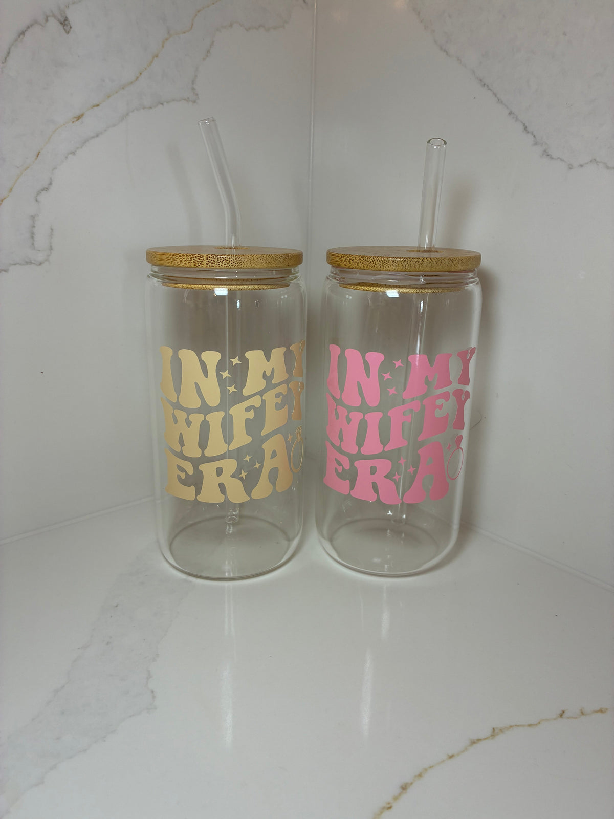 Bridal Glass Can with Bamboo lid & Straw: Bride, Fiancé or Wifey Glass Cup - The Crafty Bee