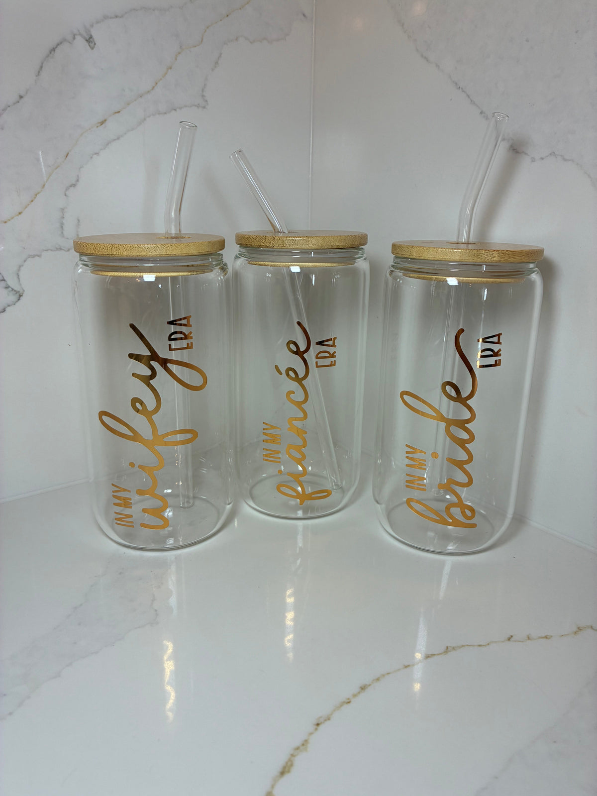 Bridal Glass Can with Bamboo lid & Straw: Bride, Fiancé or Wifey Glass Cup - The Crafty Bee