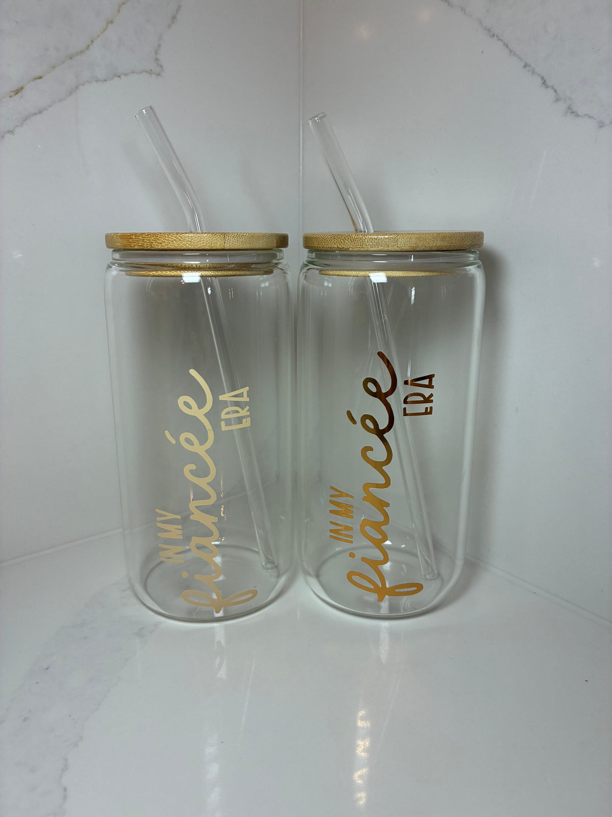 Bridal Glass Can with Bamboo lid & Straw: Bride, Fiancé or Wifey Glass Cup - The Crafty Bee