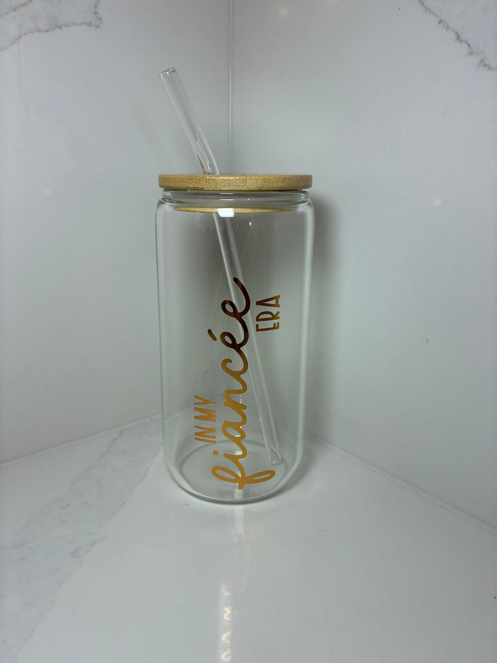 Bridal Glass Can with Bamboo lid & Straw: Bride, Fiancé or Wifey Glass Cup - The Crafty Bee
