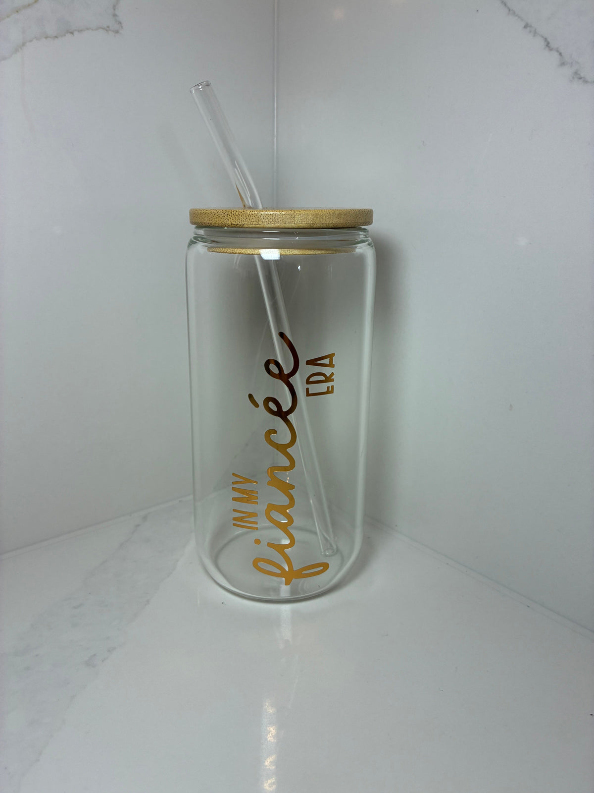 Bridal Glass Can with Bamboo lid & Straw: Bride, Fiancé or Wifey Glass Cup - The Crafty Bee