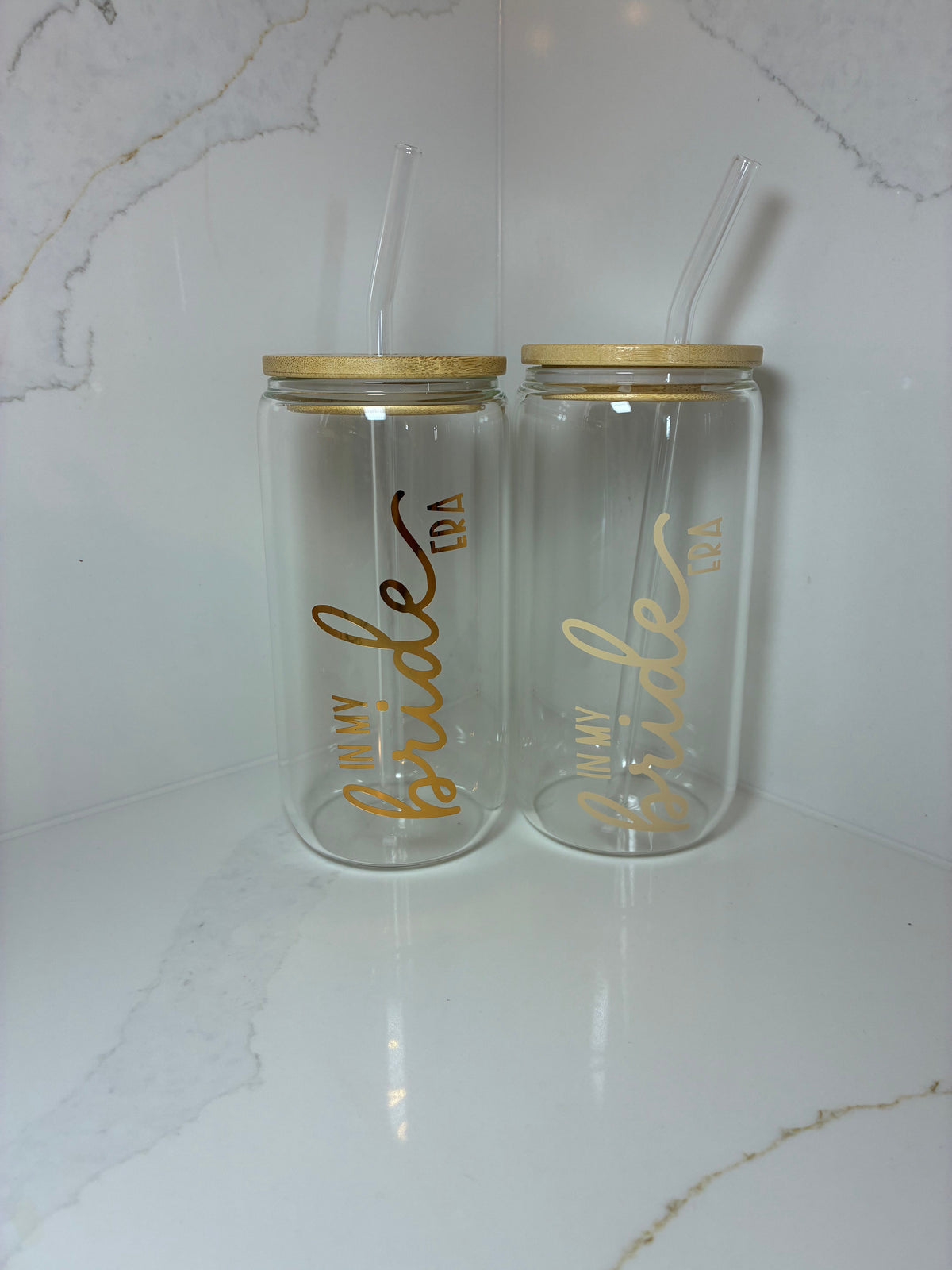 Bridal Glass Can with Bamboo lid & Straw: Bride, Fiancé or Wifey Glass Cup - The Crafty Bee