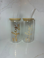 Bridal Glass Can with Bamboo lid & Straw: Bride, Fiancé or Wifey Glass Cup - The Crafty Bee