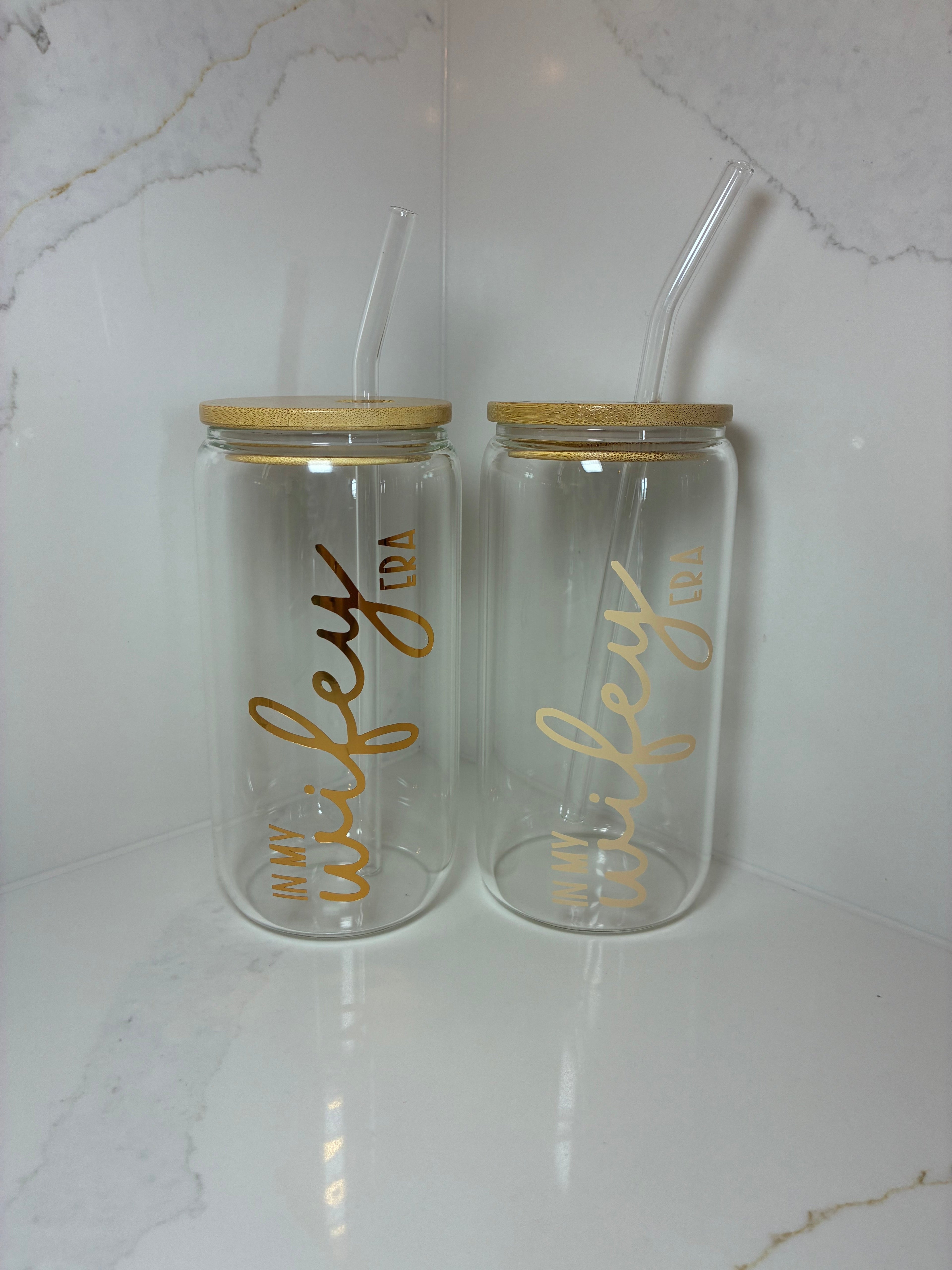 Bridal Glass Can with Bamboo lid & Straw: Bride, Fiancé or Wifey Glass Cup - The Crafty Bee