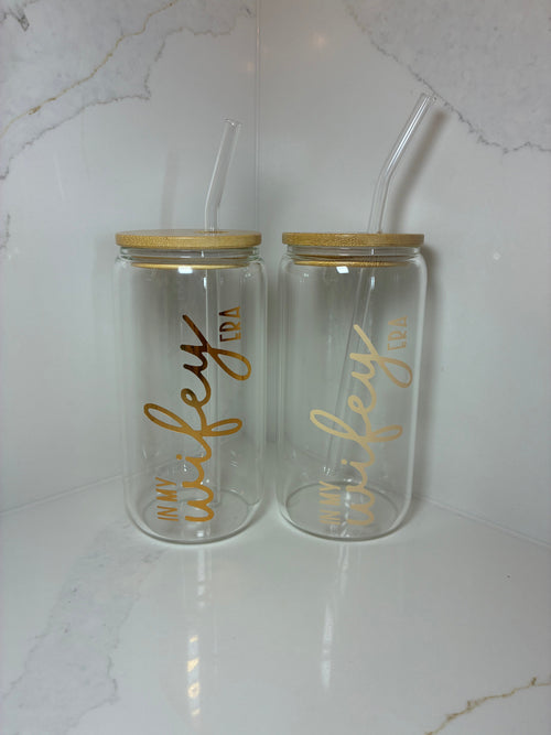 Bridal Glass Can with Bamboo lid & Straw: Bride, Fiancé or Wifey Glass Cup - The Crafty Bee