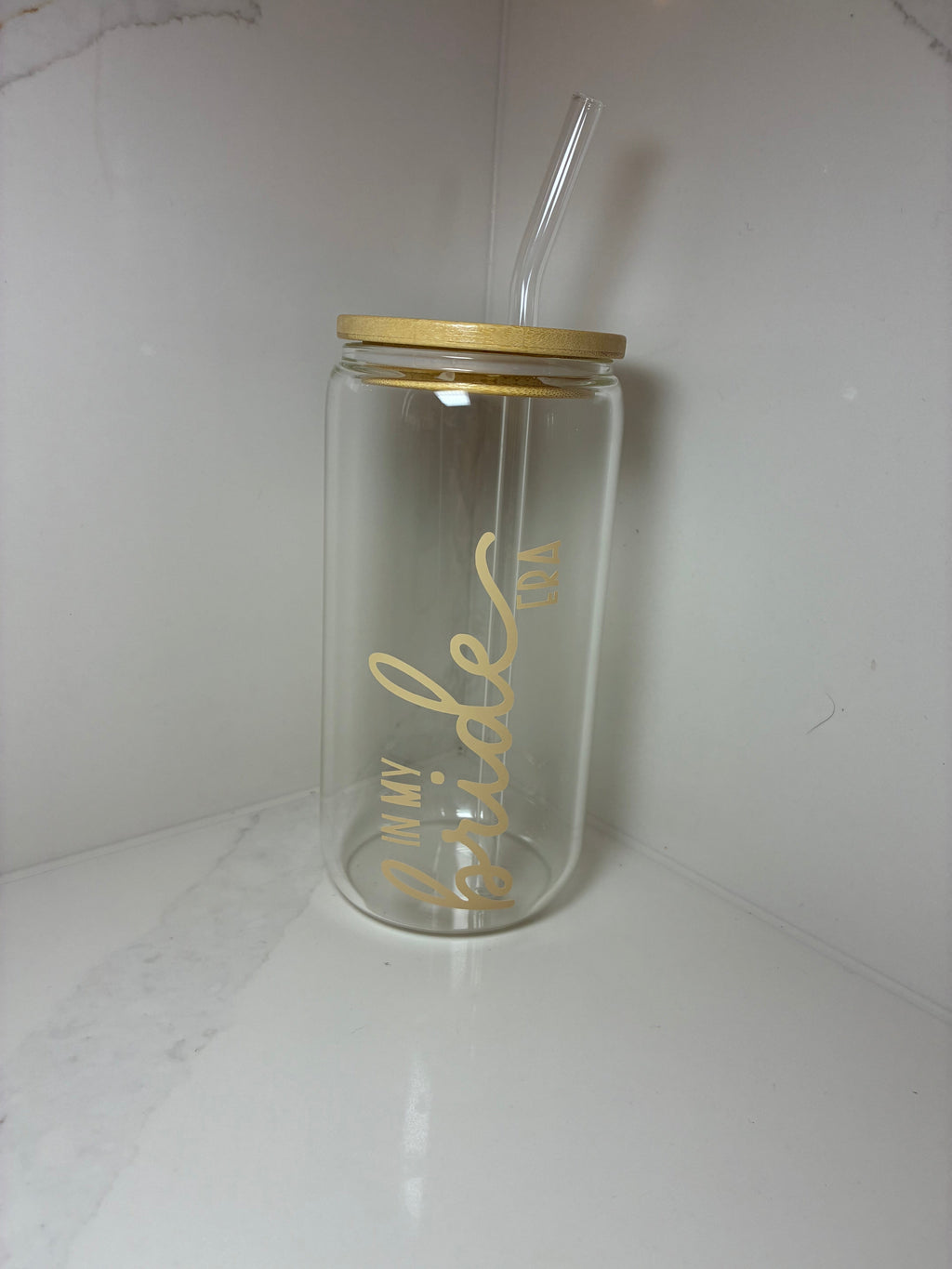 Bridal Glass Can with Bamboo lid & Straw: Bride, Fiancé or Wifey Glass Cup - The Crafty Bee