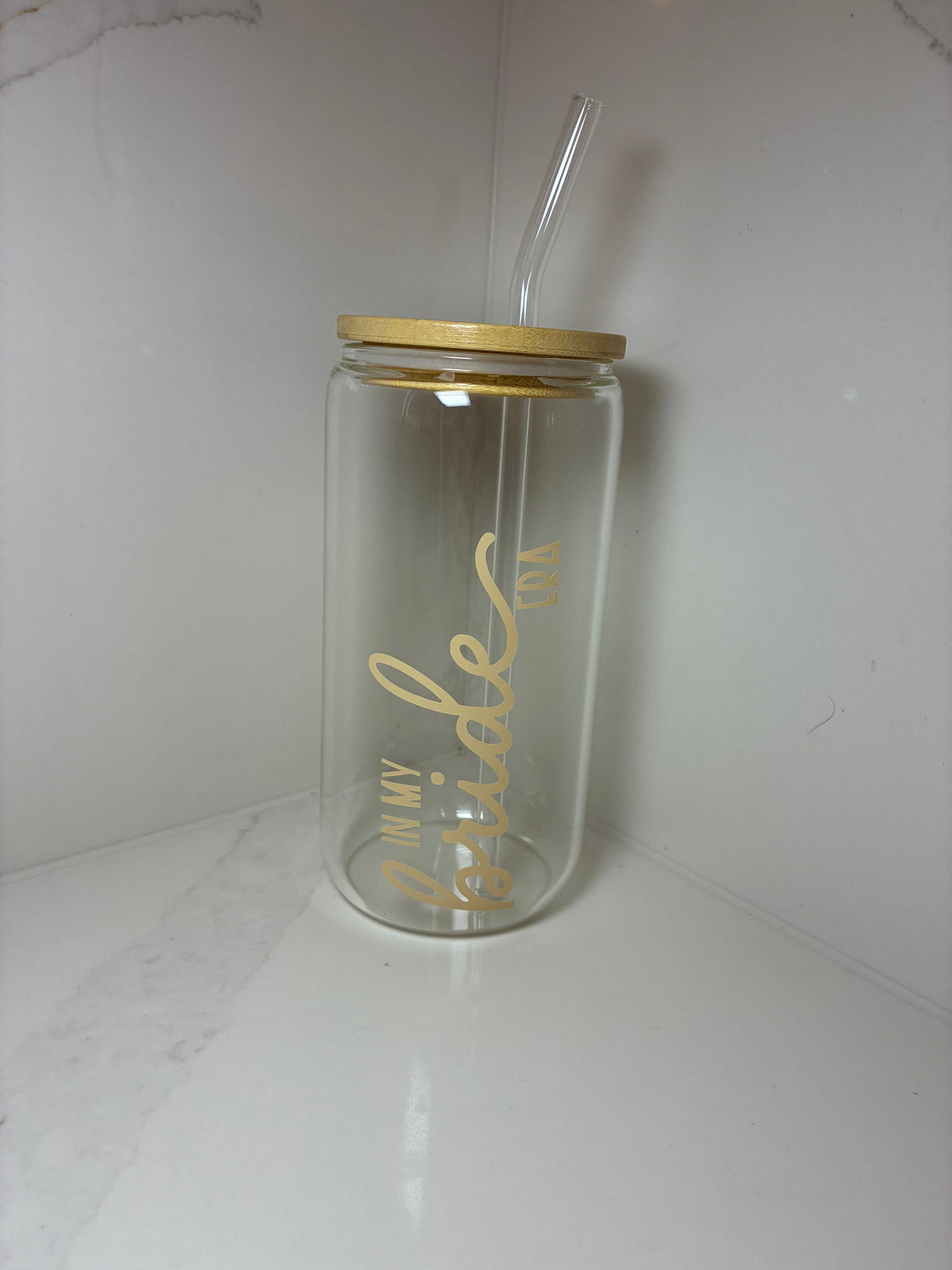 Bridal Glass Can with Bamboo lid & Straw: Bride, Fiancé or Wifey Glass Cup - The Crafty Bee