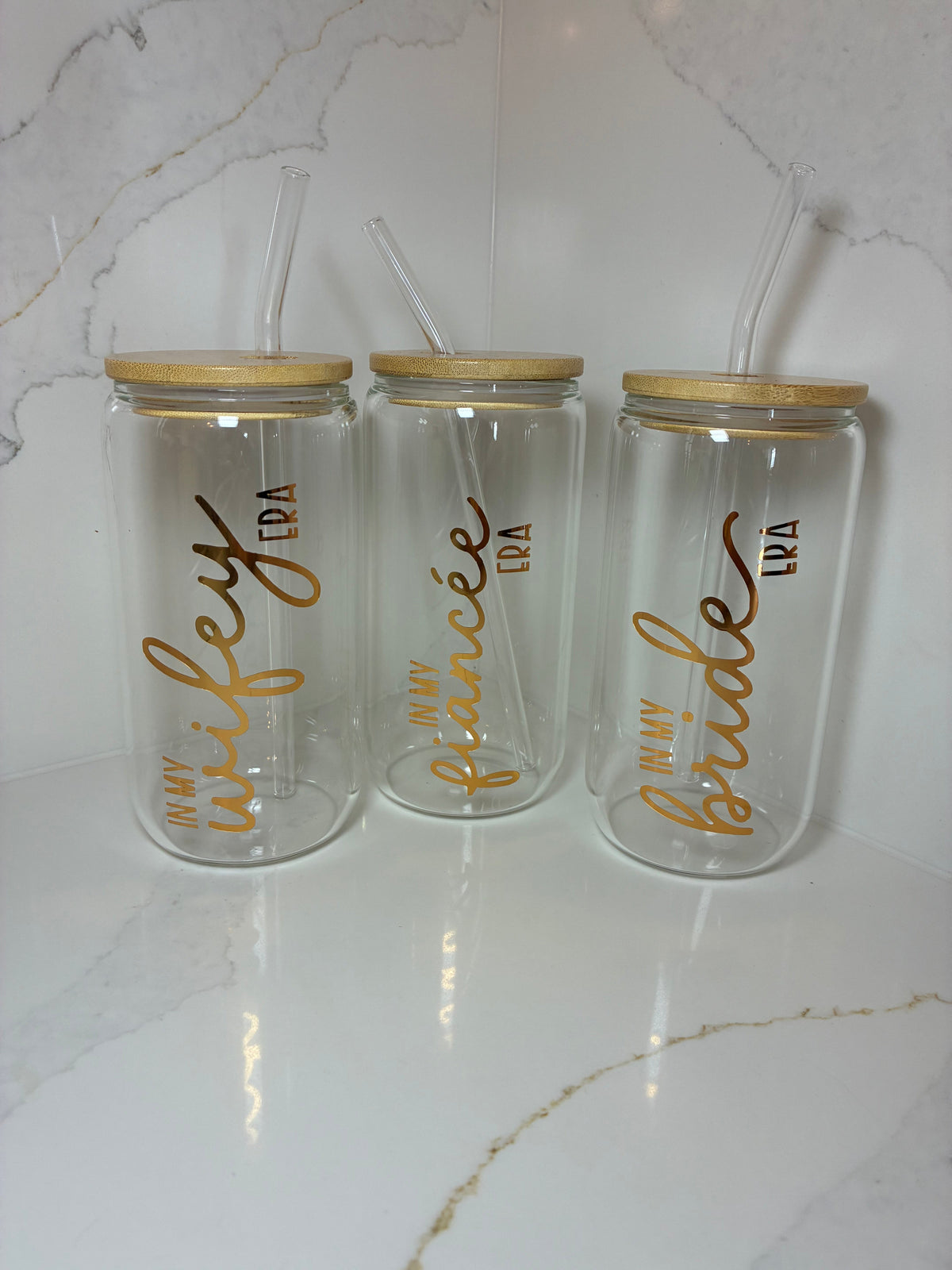 Bridal Glass Can with Bamboo lid & Straw: Bride, Fiancé or Wifey Glass Cup - The Crafty Bee