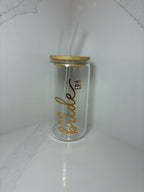 Bridal Glass Can with Bamboo lid & Straw: Bride, Fiancé or Wifey Glass Cup - The Crafty Bee