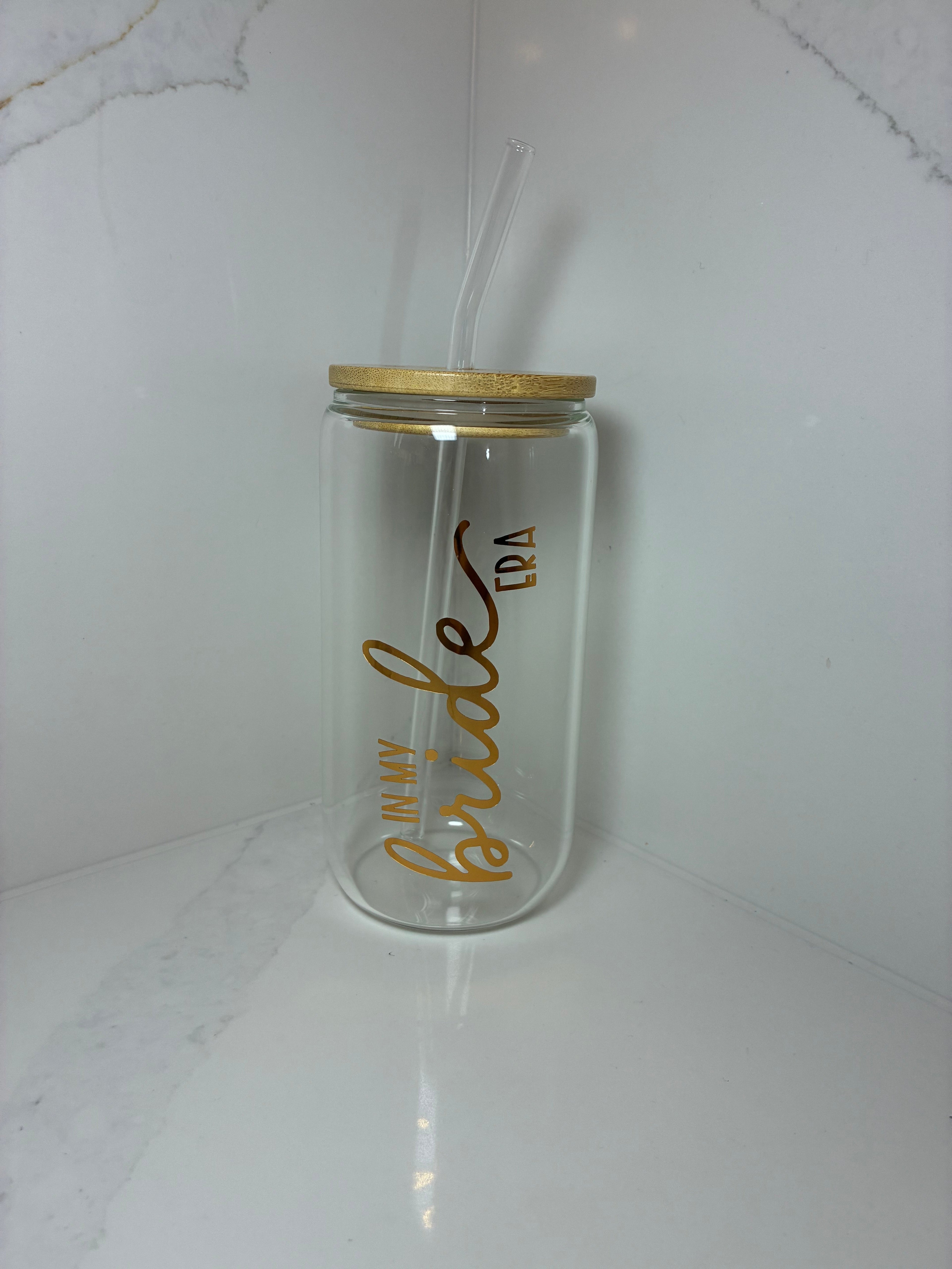 Bridal Glass Can with Bamboo lid & Straw: Bride, Fiancé or Wifey Glass Cup - The Crafty Bee