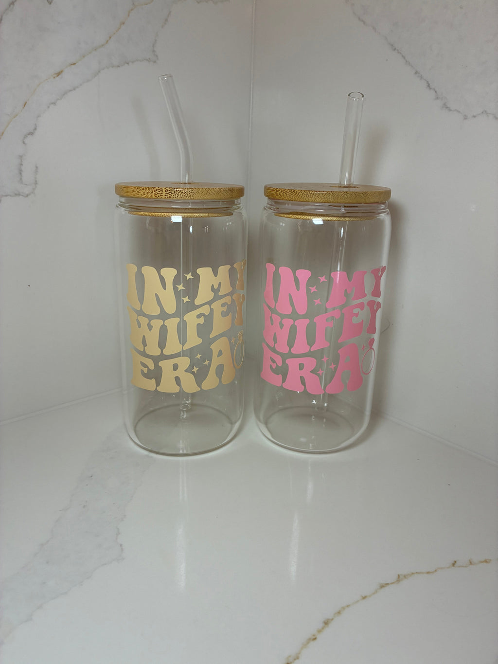 Bridal Glass Can with Bamboo lid & Straw: Bride, Fiancé or Wifey Glass Cup - The Crafty Bee