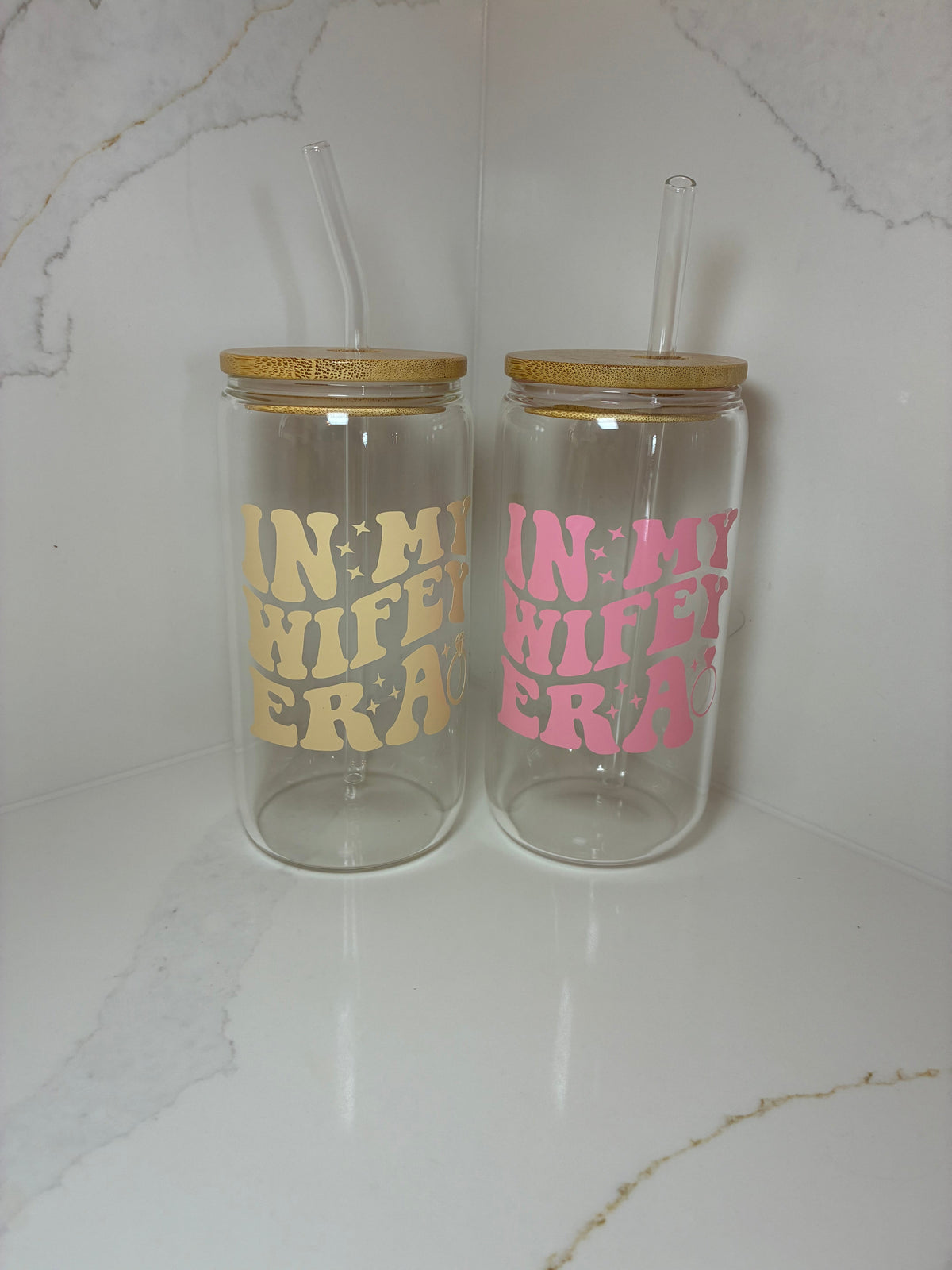 Bridal Glass Can with Bamboo lid & Straw: Bride, Fiancé or Wifey Glass Cup - The Crafty Bee