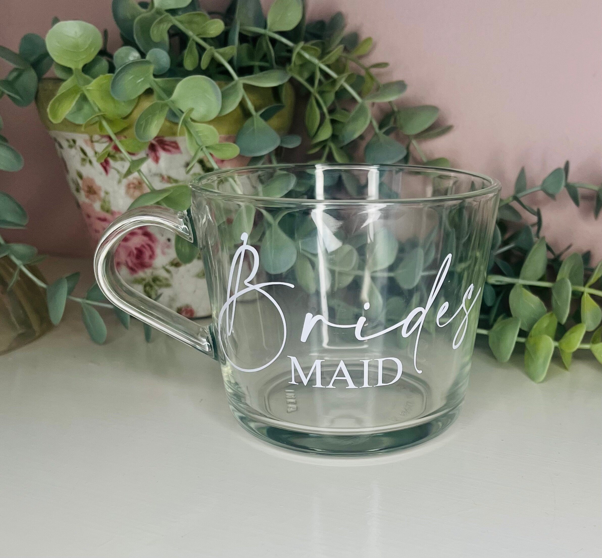 Bridal Party mug | Wedding Morning Cups | Bridesmaid mug gift | Maid of Honour coffee cup | Bridal party personalised clear cup | Bride gift - The Crafty Bee