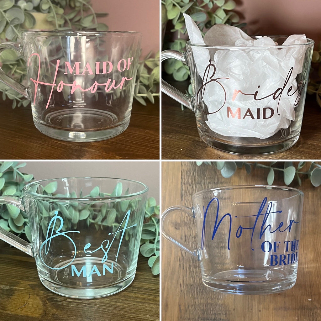 Bridal Party mug | Wedding Morning Cups | Bridesmaid mug gift | Maid of Honour coffee cup | Bridal party personalised clear cup | Bride gift - The Crafty Bee