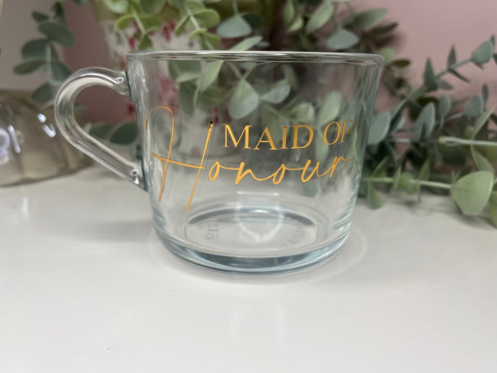 Bridal Party mug | Wedding Morning Cups | Bridesmaid mug gift | Maid of Honour coffee cup | Bridal party personalised clear cup | Bride gift - The Crafty Bee