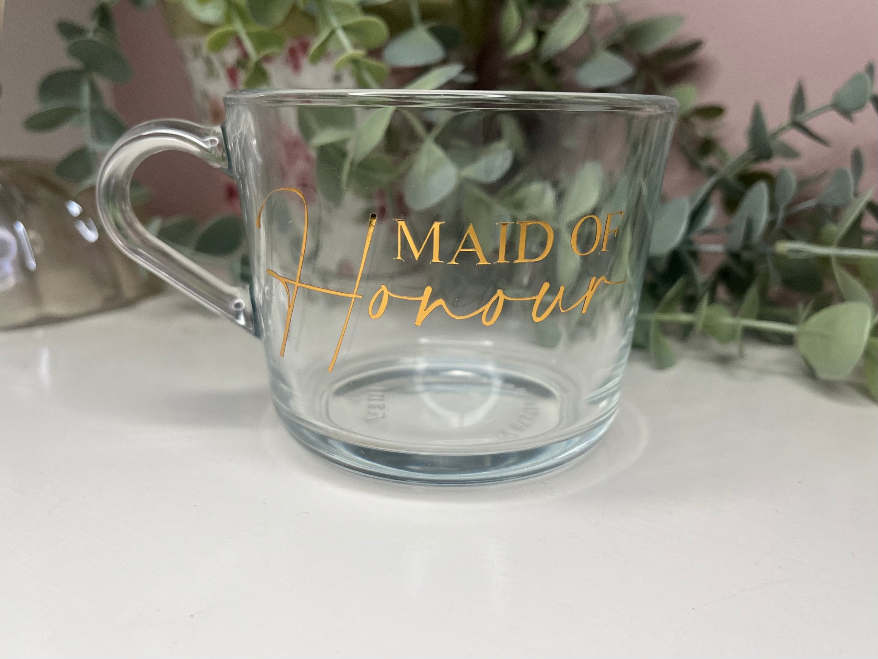 Bridal Party mug | Wedding Morning Cups | Bridesmaid mug gift | Maid of Honour coffee cup | Bridal party personalised clear cup | Bride gift - The Crafty Bee