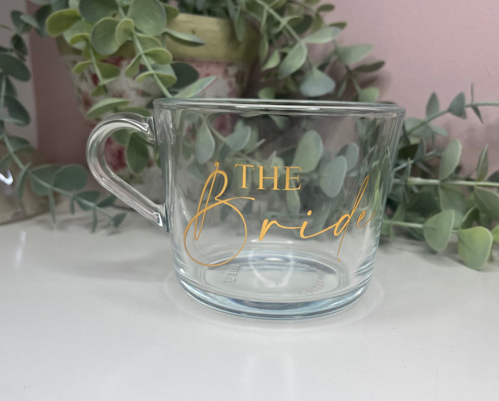 Bridal Party mug | Wedding Morning Cups | Bridesmaid mug gift | Maid of Honour coffee cup | Bridal party personalised clear cup | Bride gift - The Crafty Bee