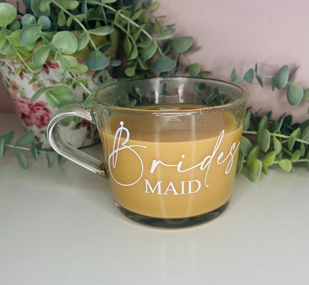 Bridal Party mug | Wedding Morning Cups | Bridesmaid mug gift | Maid of Honour coffee cup | Bridal party personalised clear cup | Bride gift - The Crafty Bee