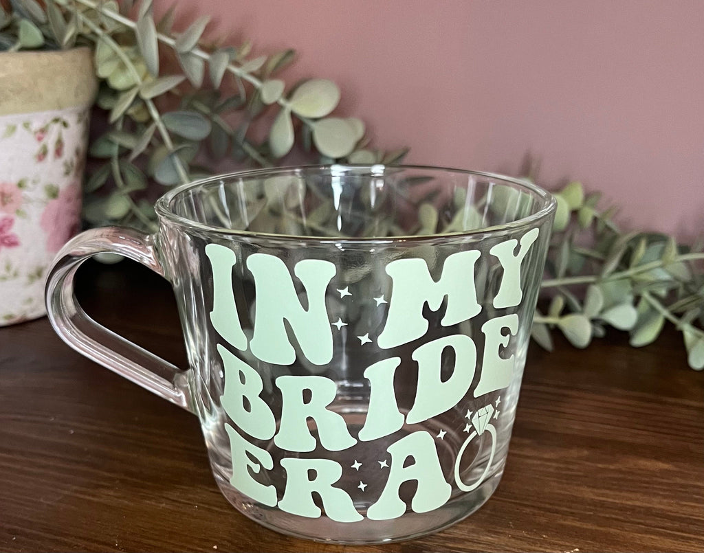 Bridal The Eras Bride Clear Mug | Swiftie Wifey Fan Glass Cup | Bride / Wifey Era themed cup/mug tea/coffee | Wedding Gift | Bride Merch - The Crafty Bee