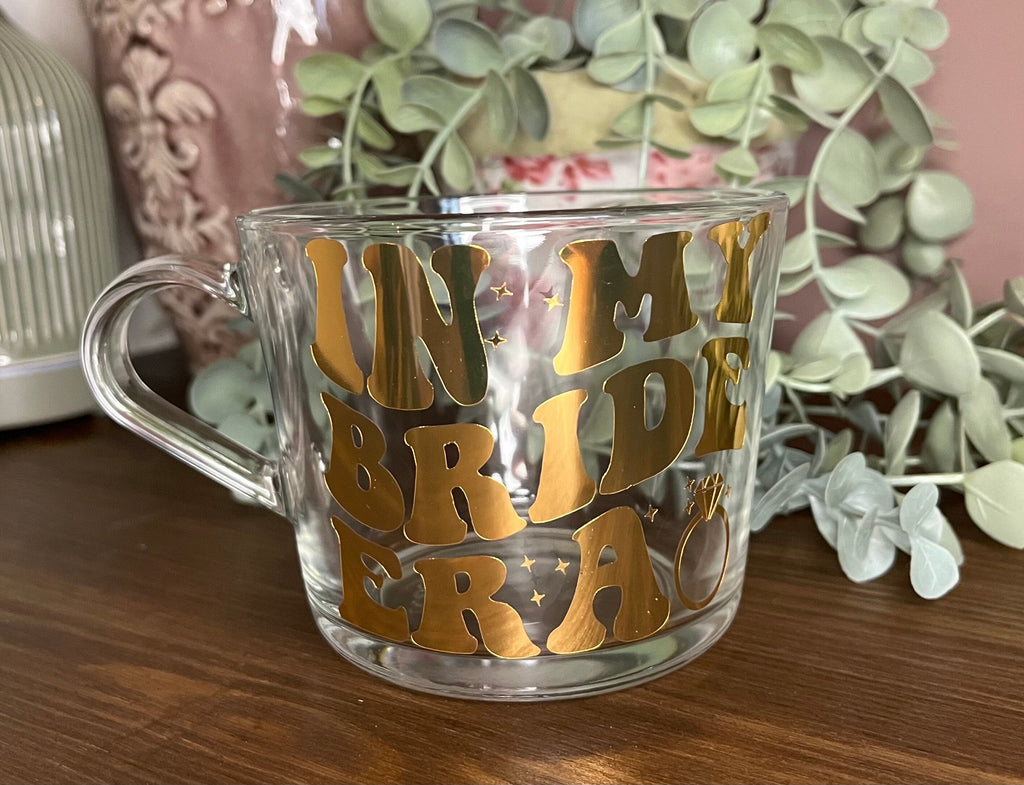 Bridal The Eras Bride Clear Mug | Swiftie Wifey Fan Glass Cup | Bride / Wifey Era themed cup/mug tea/coffee | Wedding Gift | Bride Merch - The Crafty Bee