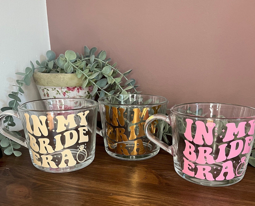 Bridal The Eras Bride Clear Mug | Swiftie Wifey Fan Glass Cup | Bride / Wifey Era themed cup/mug tea/coffee | Wedding Gift | Bride Merch - The Crafty Bee
