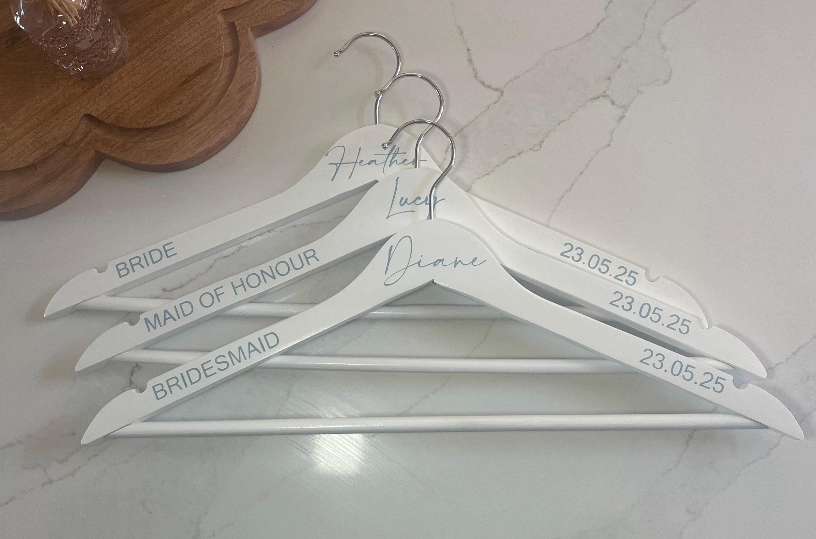 Bridal Wedding Dress Hanger | Personalised wedding day wooden hangers | Bridal, bridesmaid name Hangers in white | Bridal Party Wedding Hangers - The Crafty Bee
