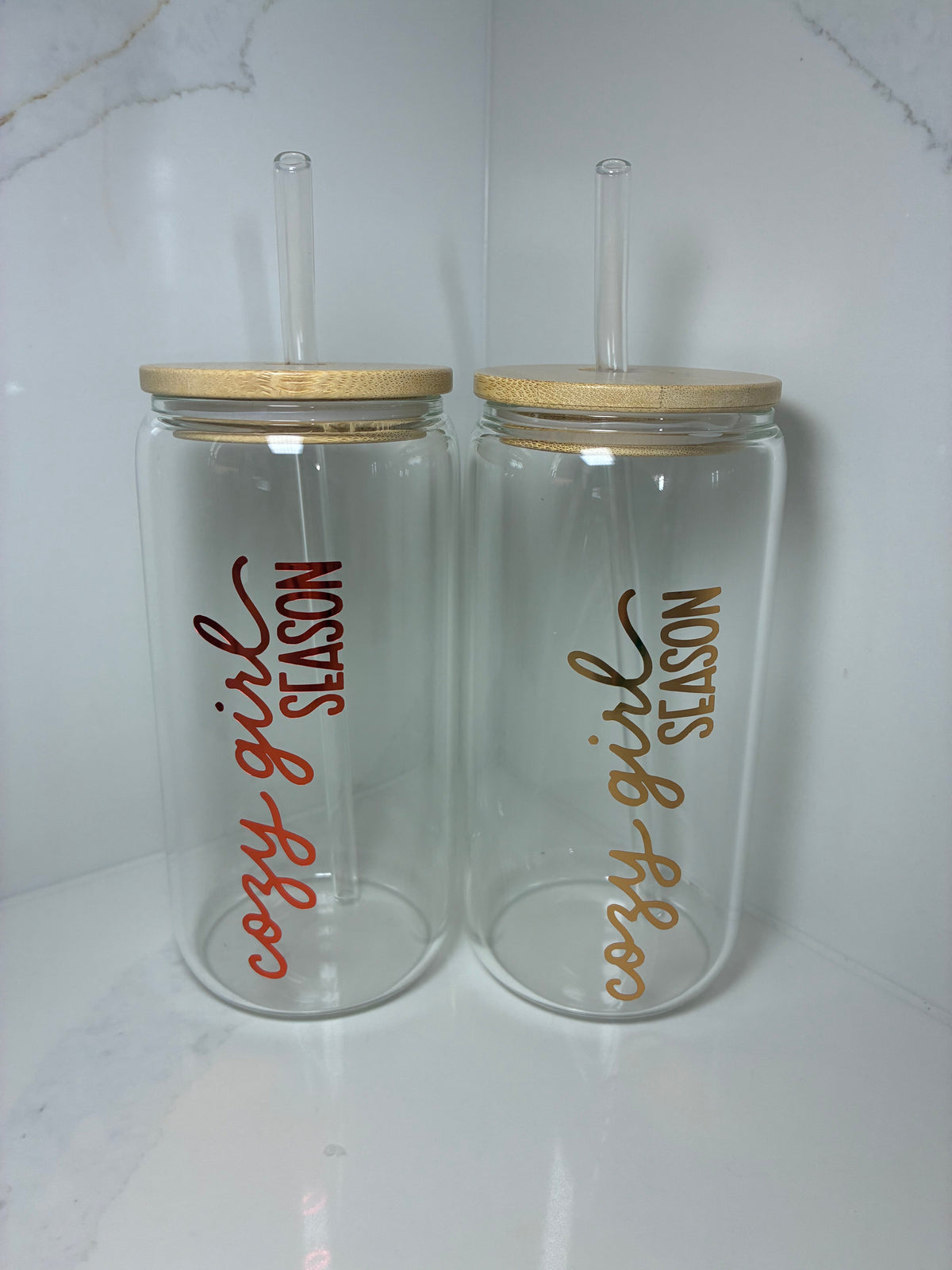 Cozy Girl Era Glass Can with Bamboo lid & Straw: Cozy Season/Autumnal Glass Cup - The Crafty Bee