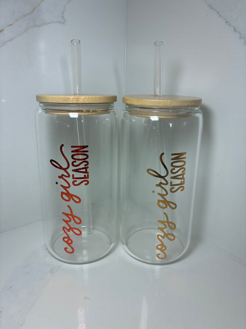 Cozy Girl Era Glass Can with Bamboo lid & Straw: Cozy Season/Autumnal Glass Cup - The Crafty Bee