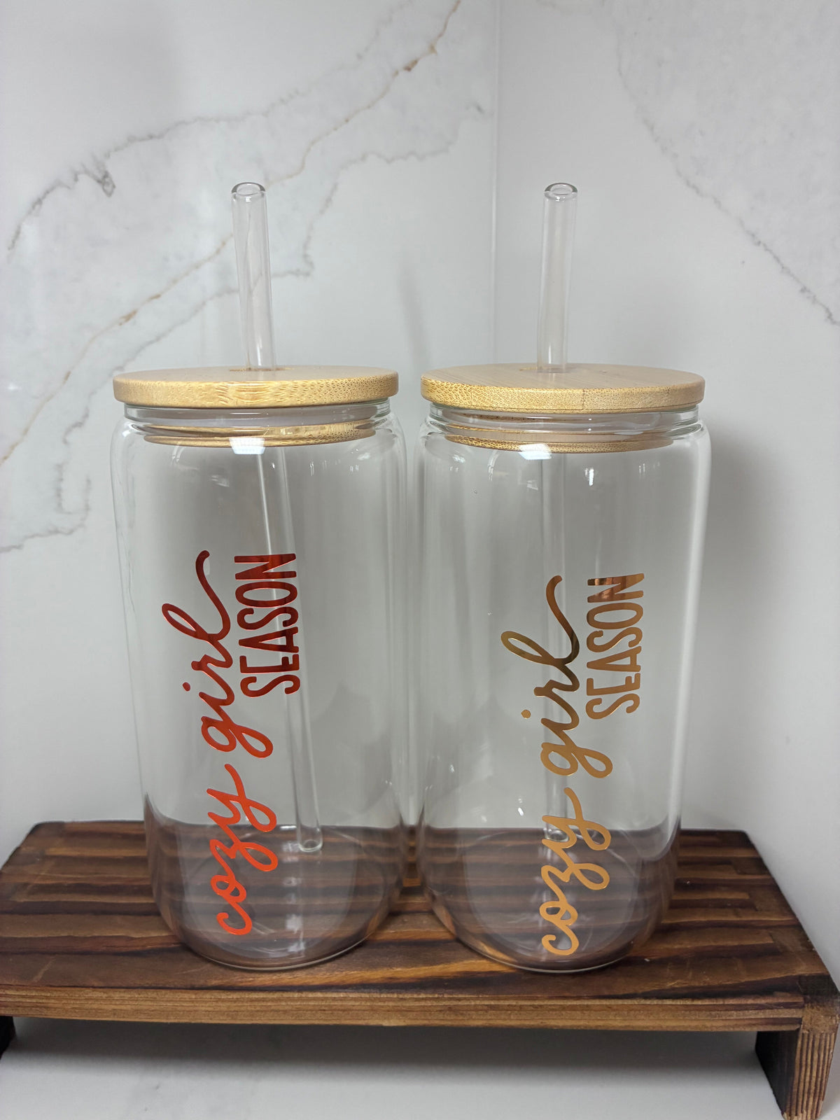Cozy Girl Era Glass Can with Bamboo lid & Straw: Cozy Season/Autumnal Glass Cup - The Crafty Bee